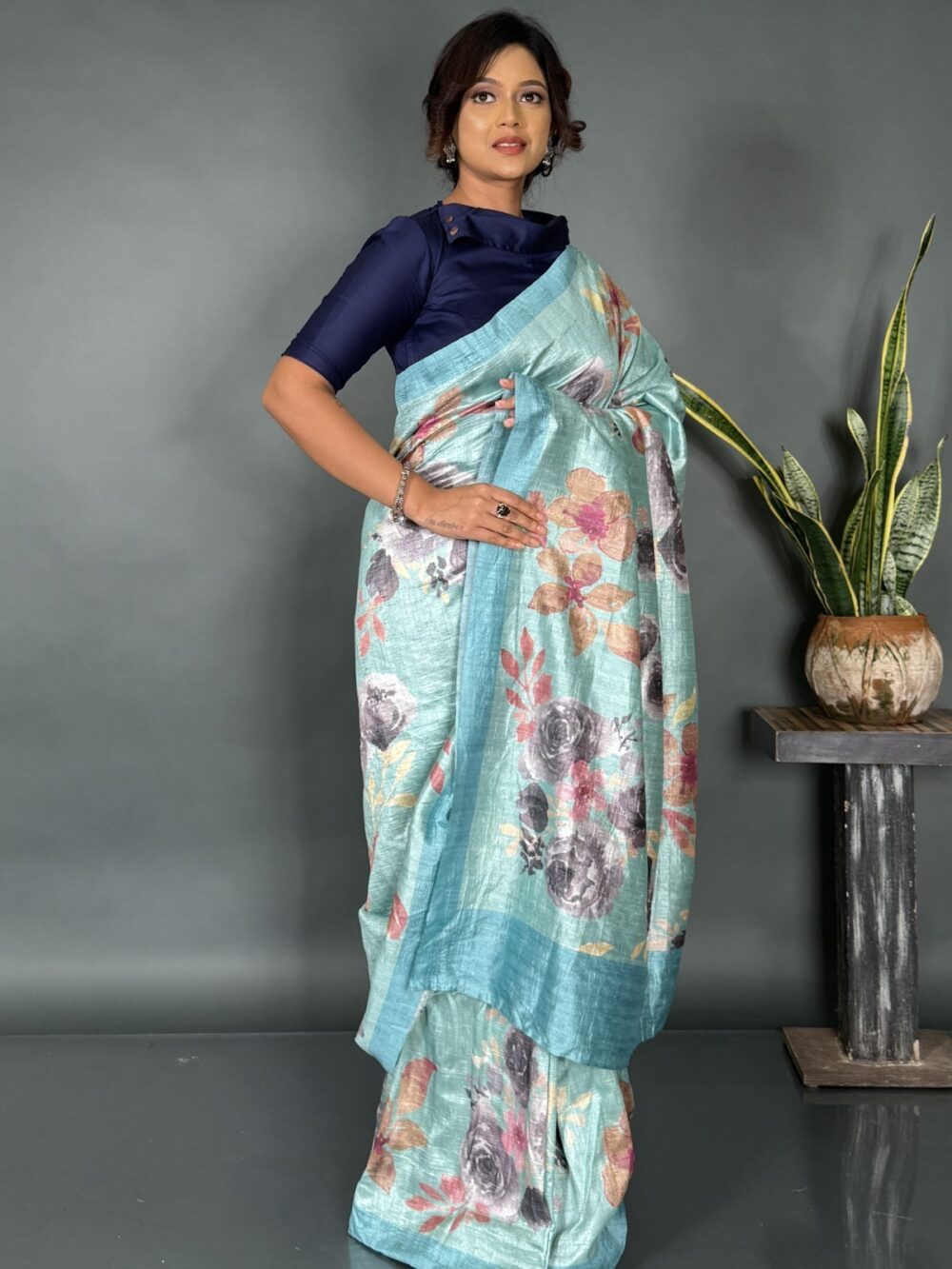 Aqua Bloom Sea Green Printed Satin Saree