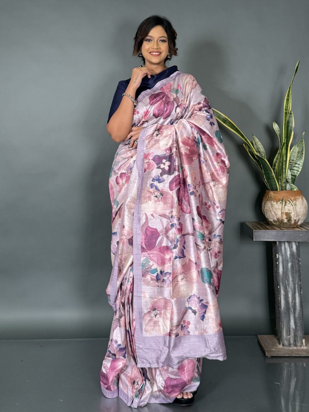 Blush Bloom Printed Satin Saree with Attached Petticoat - Image 2