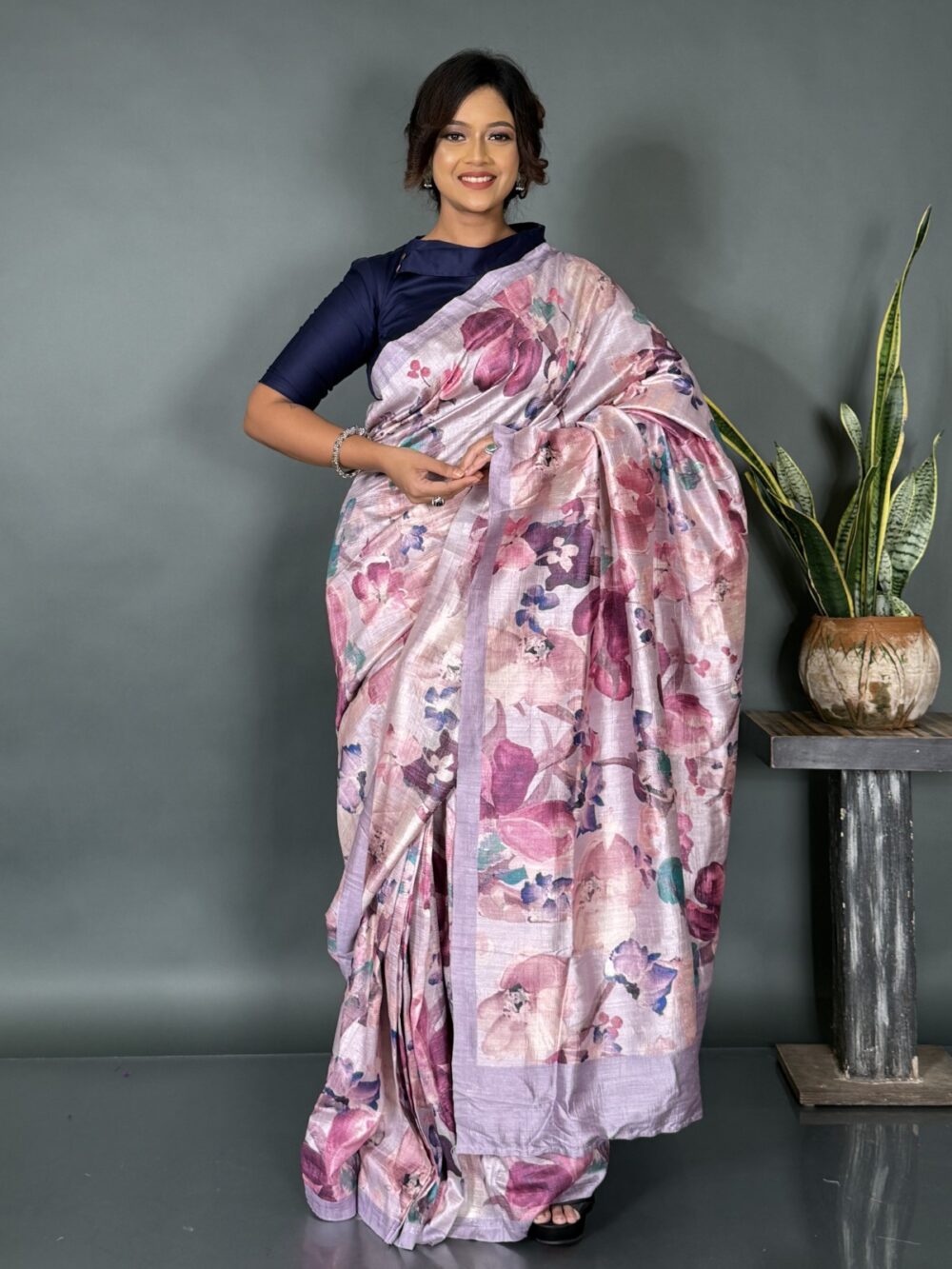 Blush Bloom Printed Satin Saree with Attached Petticoat