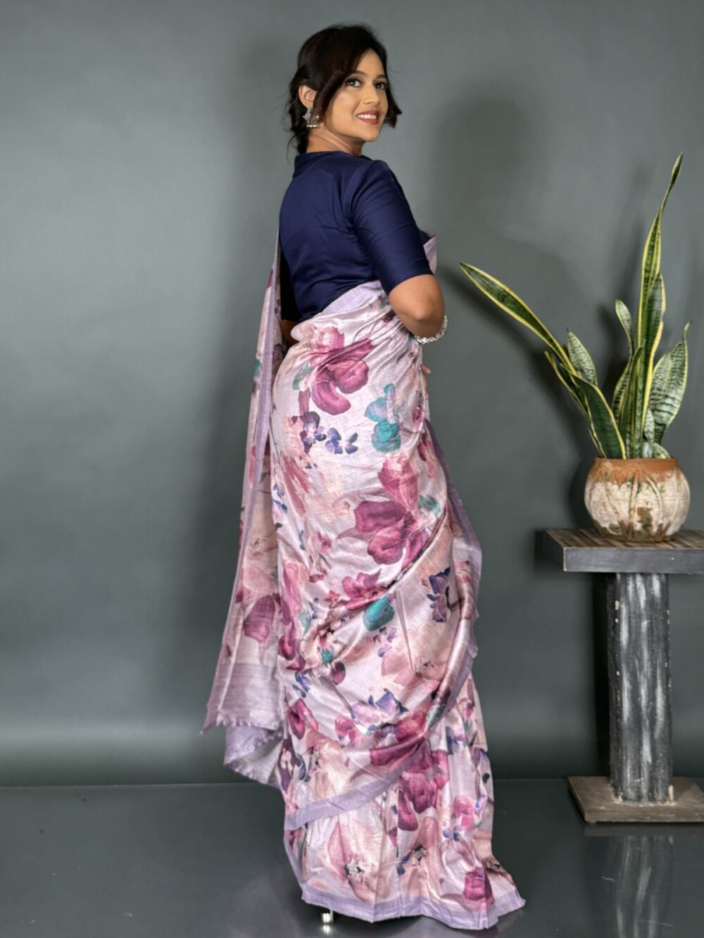 Blush Bloom Printed Satin Saree with Attached Petticoat - Image 3