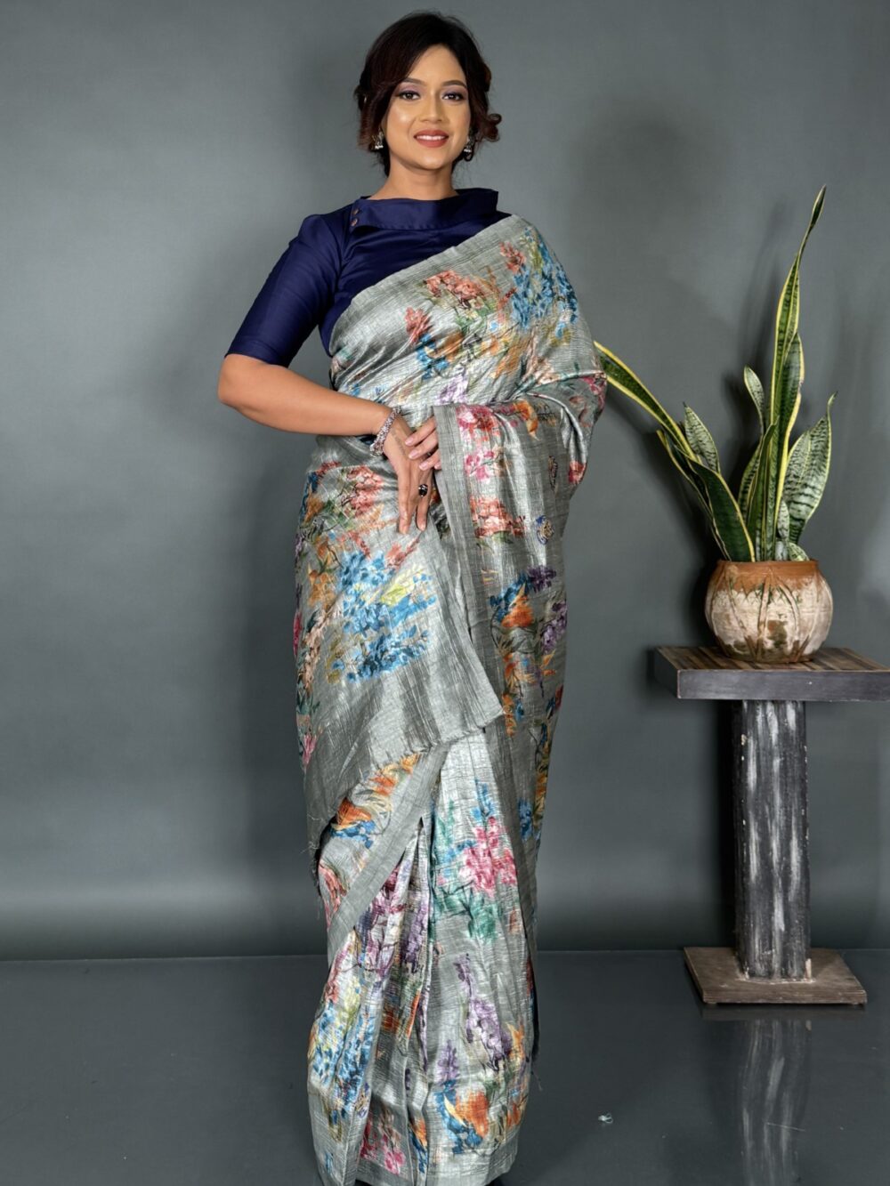 Moonlit Grace Ready-to-Wear Gray Satin Saree - Image 2