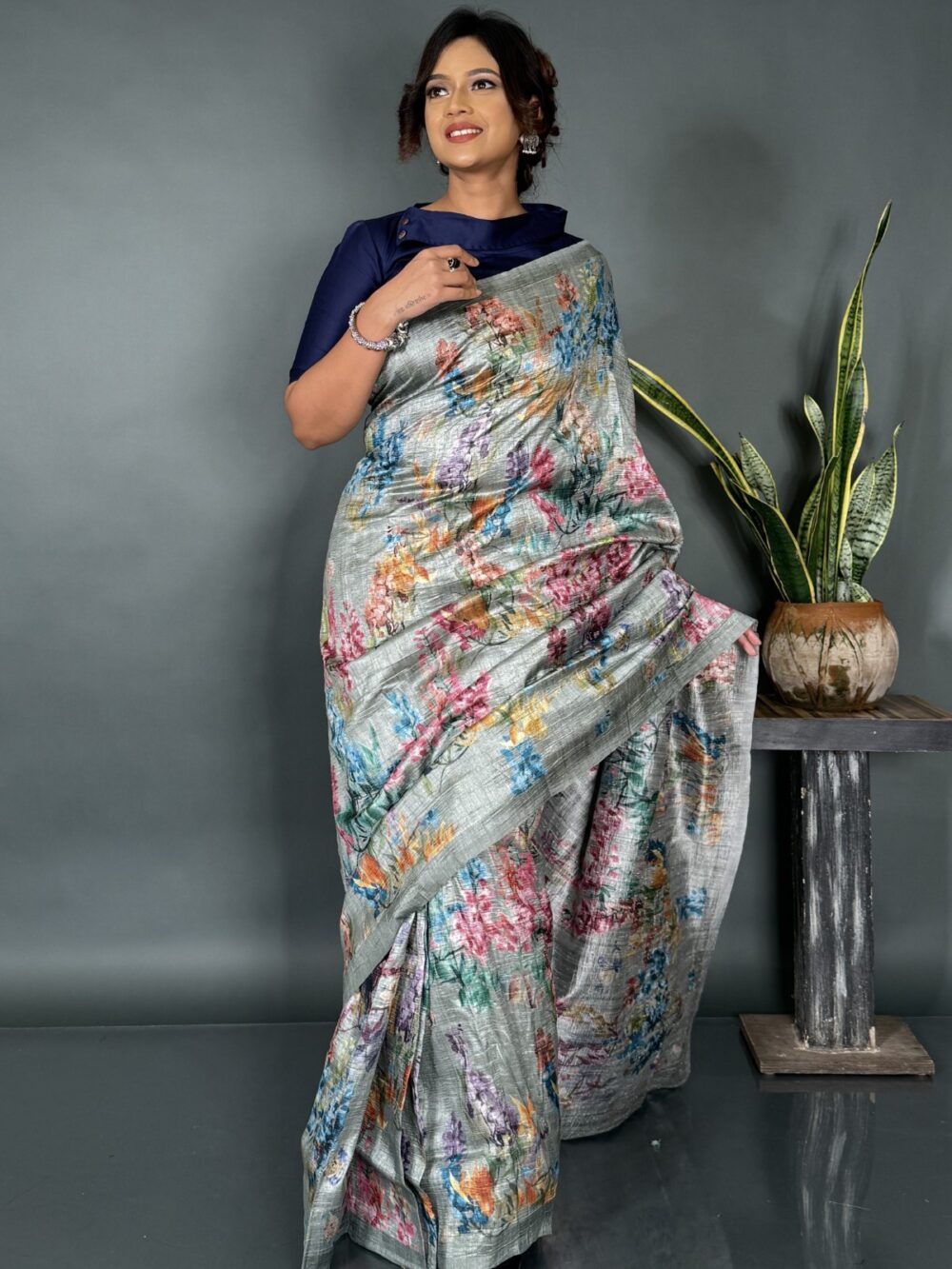 Moonlit Grace Ready-to-Wear Gray Satin Saree